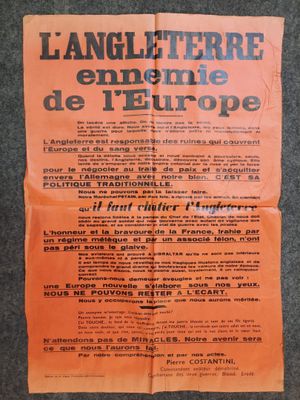 an orange poster with black writing on it on a blue background