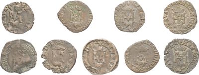 a group of six silver coins with different designs on them