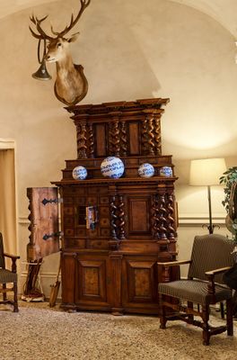 un salon avec beaucoup de meubles et une tête de cerf accrochée au mur