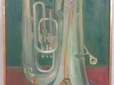 peinture représentant un instrument de musique sur un fond rouge