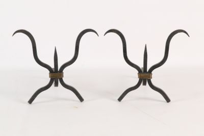 pair of black wrought iron candlesticks with twisted arms