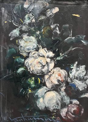 peinture représentant un tableau de fleurs dans un vase sur fond noir