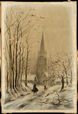 an old painting of a church in the middle of a snowy landscape