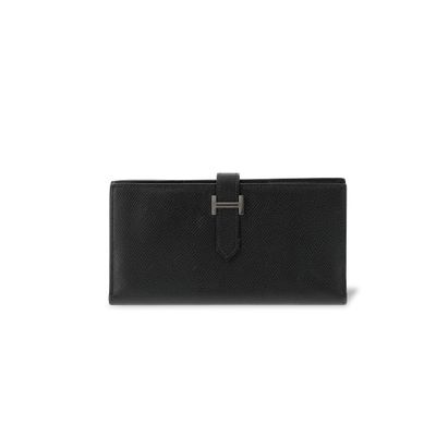 a black leather wallet with a metal clasp on the front