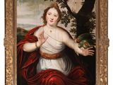 a painting of a woman with a bird in her hand