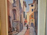 a painting of a woman walking down a street