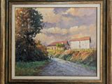 an oil painting of a country road with a barn in the background
