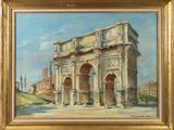 painting of a painting of a roman arch in front of a building