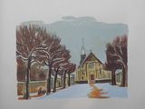 a painting of a church in the middle of a snowy field