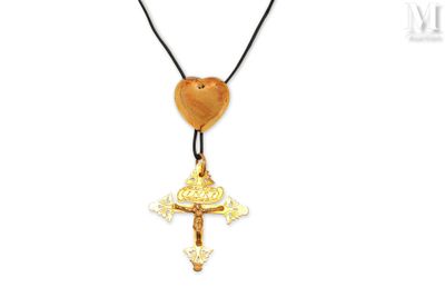 gold plated cross and heart pendant on a black cord necklace