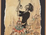 painting of a woman holding a kite above a cityscape