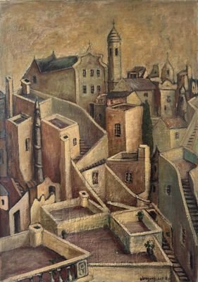 painting of a view of a city with a clock tower in the distance
