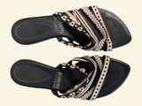black and pink sandals with chains on them on a white background
