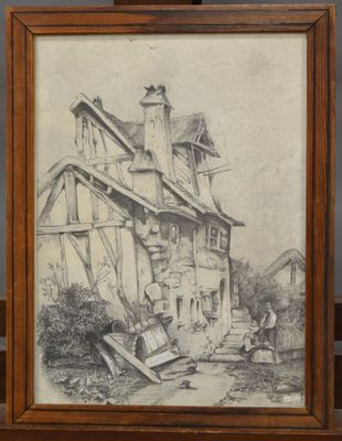 un vieux dessin représentant une maison, encadré et posé sur une étagère