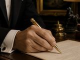 man in a tuxedo writing on a piece of paper with a gold pen