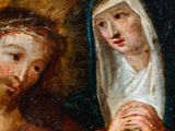 an image of a painting of jesus and a woman holding a cross