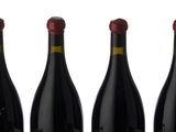 six bottles of red wine lined up in a row