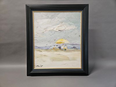 an oil painting of a beach scene with a yellow umbrella