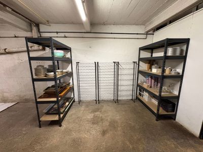 a room with shelves, shelves, and other items in it