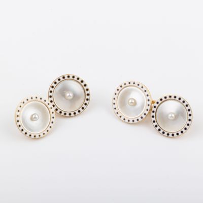 Paires de boutons de manchettes, nacre, perles, émail et or … - Photo 1