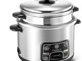 a close up of a stainless steel rice cooker on a white background