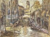 a painting of a canal with boats on it