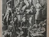 un dessin en noir et blanc représentant un groupe de personnes assises autour d'une table