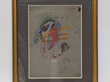 framed picture of a painting of a woman with a bird on it ' s head