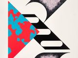 a black and white poster with a red triangle and a blue triangle