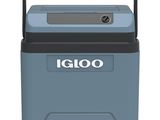 a blue and black igloo cooler sitting on top of a white background