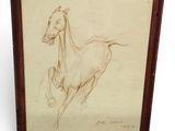 drawing of a running horse in a wooden frame on a white background