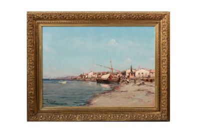 une peinture à l'huile d'une scène de plage avec des bateaux dans l'eau