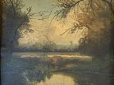 painting of a landscape with a river and trees in the foreground