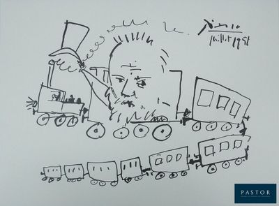 cartoon drawing of a train with a man and a dog on it
