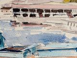 a painting of a boat on the water with a building in the background