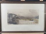 an old picture of a painting of a boat in a body of water
