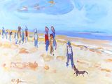 painting of a group of people walking on a beach with a dog