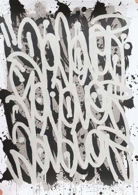 black and white painting of a handwritten phrase on a piece of paper