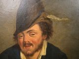 a painting of a man wearing a hat and holding a cup