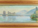une peinture à l'huile représentant un paysage fluvial avec un château au loin