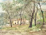 une aquarelle représentant une maison dans les bois