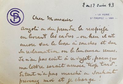 Paul SIGNAC (1863-1935). Carte autographe paraphée. S.l., « …