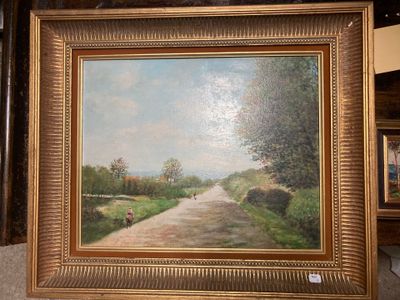 une photo d'un tableau représentant une route de campagne, dans un cadre doré