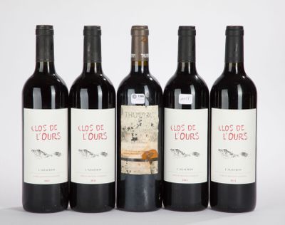 cinq bouteilles de vin sont alignées sur une surface blanche