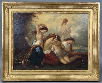 une peinture à l'huile représentant un groupe de nus dans un paysage
