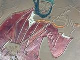 a painting of a man with a hat and a cane