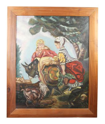 painting of a woman riding a donkey with a child on her back