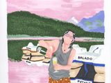 un tableau représentant une femme debout devant un bateau
