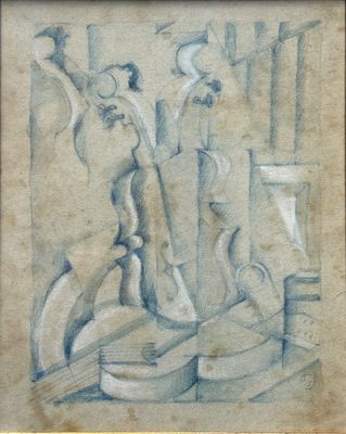 dessin représentant une nature morte avec une guitare et un vase