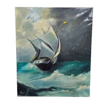 une peinture à l'huile représentant un voilier sur une mer agitée